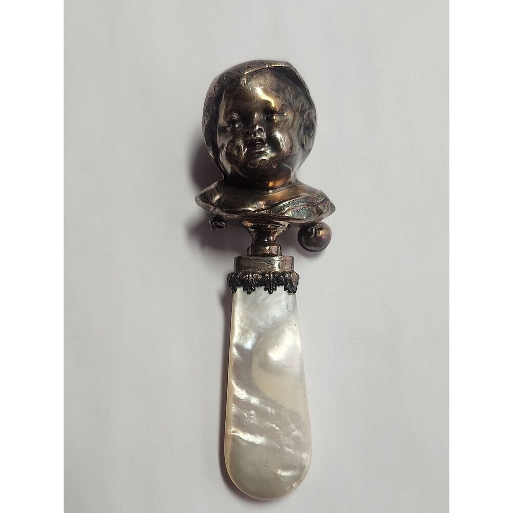 Antique Victorian Sterling Silver Baby Rattle Mother of Pearl